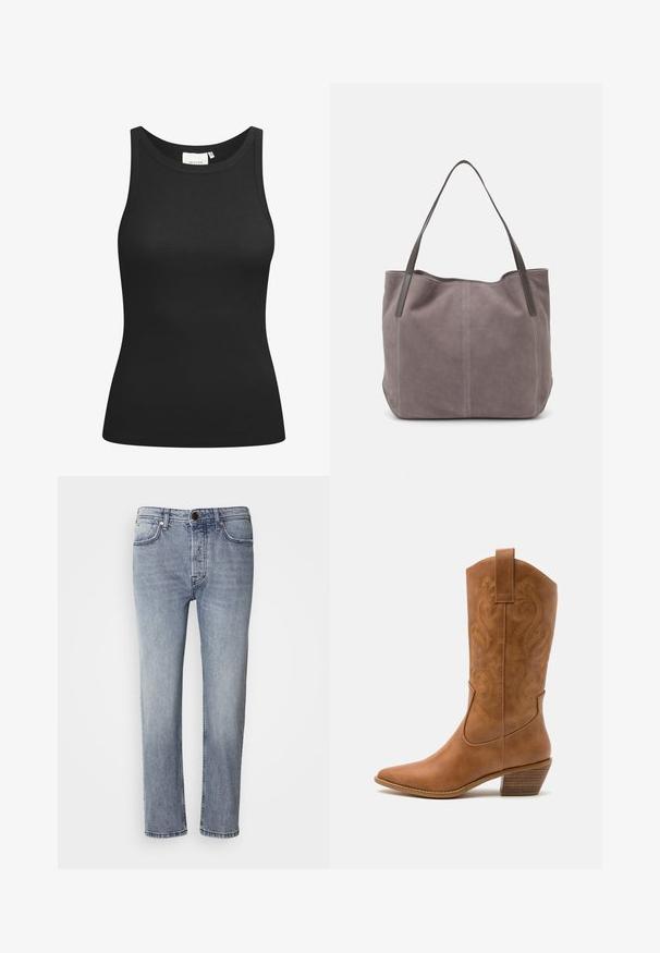 Černý top bez rukávů vyrobený z žebrované látky, s výstřihem ve tvaru kulatého krku a vypasovaným střihem. Hladké švy a žádné ozdoby. Jednoduchý a elegantní design.; Světle modré džíny s volným střihem, rovnými nohavicemi a jemným vyblednutím. Obsahují přední zapínání na knoflík a pět kapes pro praktické využití.; Hnědé kožené kovbojské boty s špičatou špičkou, vyšívanými spirálovými vzory na štítech a s blokovým podpatkem. Obsahují poutko pro snadné obouvání.; Šedá semišová taška přes rameno s dvěma tmavými koženými uchy. Obsahuje prošívané detaily po stranách, měkkou texturu a prostorné otevření.; Stříbrný kruhový náušník s lesklým povrchem, zdobený malými zlatými akcenty, v kulatém tvaru, nošený na lalůčku.