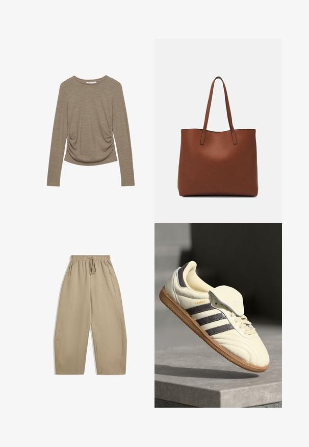 Lange mouwen, neutraal beige top met een ronde halslijn en een ruchingdetail aan de zijkant. Gemaakt van zachte, textuurstof.; Beige, wijde broek gemaakt van zachte stof, met een elastische tailleband met een trekkoord en zijzakken. Zachte textuur, eenvoudig ontwerp.; Crème leren sneaker met drie donkere strepen, een bruine gumrubberen zool en een ronde neus. Voorzien van een opvouwbare tong met het label "SAMBA."; Bruine leren tote bag met een gladde textuur, een ontwerp met een open bovenkant en twee schouderbanden. Kenmerkt zich door minimale stiksels en geen zichtbare hardware.