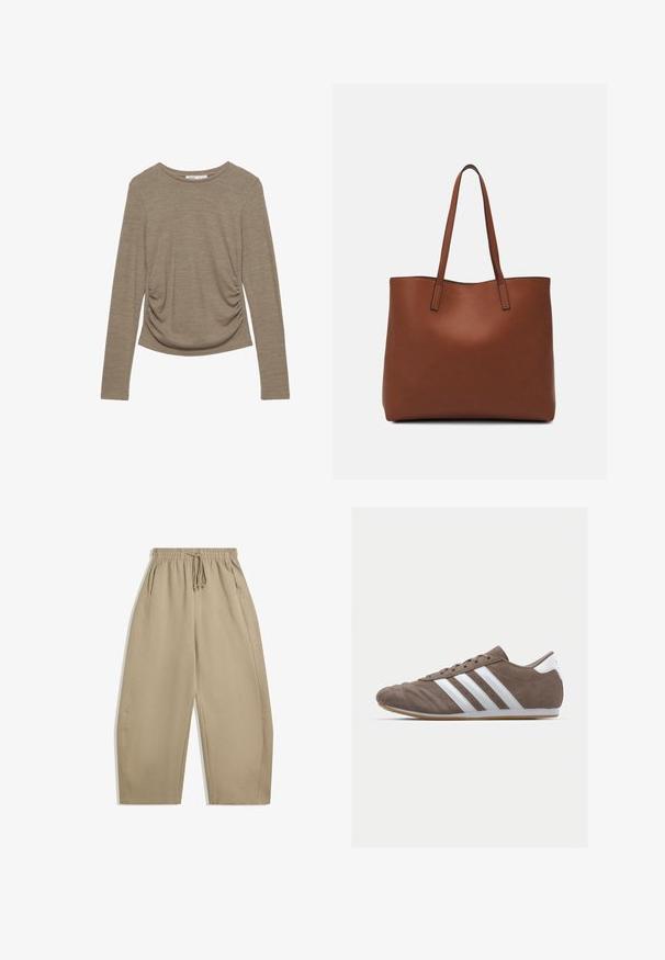 Dugi rukav, neutralni bež top s okruglim izrezom i detaljima na stranu. Napravljen od mekanog, teksturiranog materijala.; Biege široke hlače napravljene od mekog materijala, s elastičnim pojasom i vezicom te bočnim džepovima. Glatka tekstura, jednostavan dizajn.; Smeđi zamakani sportski tenisice s bijelim prugama, okrugli vrh, vezanje, i potplat od gumene smole. Teksture gornjeg dijela s detaljima šivanja.; Smeđa kožna torba preko ramena s glatkom teksturom, otvorenim vrhom i dvjema naramenicama. Ima minimalne šavove i nema vidljivog hardvera.
