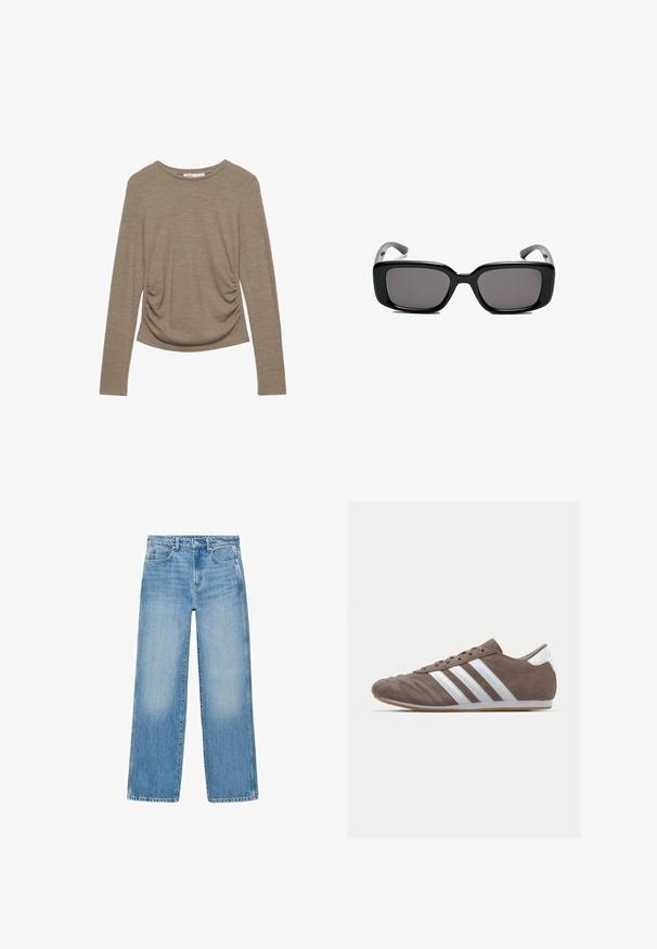 Dugi rukav, neutralni bež top s okruglim izrezom i detaljima na stranu. Napravljen od mekanog, teksturiranog materijala.; Svijetloplave traperice ravnog kroja, s dizajnom od pet džepova i suptilnim izbljeđenjem. Imaju gumb i zatvarač na struku.; Smeđi zamakani sportski tenisice s bijelim prugama, okrugli vrh, vezanje, i potplat od gumene smole. Teksture gornjeg dijela s detaljima šivanja.; Crne pravokutne sunčane naočale s tamnim lećama, glatkim plastičnim okvirom i zakrivljenim državama. Dizajn je masivan s minimalističkom estetikom.; Smeđa torba od umjetne sued kože s dva čvrsta ručka, strukturiranim oblikom i minimalističkim dizajnom, s diskretnim akcentima šivanja.