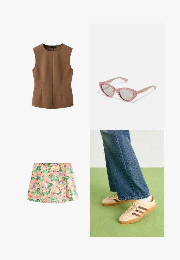 Brązowy bezrękawnik wykonany z teksturowanej tkaniny, z okrągłym dekoltem i dwoma pionowymi zakładkami z przodu. Prosty, dopasowany fason.; Next - Spódnica mini; Beżowe sneakersy z fakturowanymi kremowymi panelami i brązowymi paskami, w połączeniu z niebieskimi dżinsami. Dżinsy mają szerokie nogawki i postrzępione wykończenie.; Gucci Okulary przeciwsłoneczne