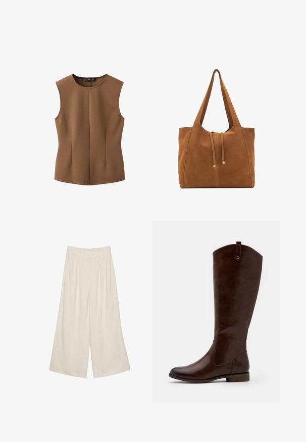Brahno brezrokavno zgornje oblačilo iz teksturirane tkanine z okroglo izreza in dvema navpičnima nabornikoma spredaj. Preprosta, prilegajoča se zasnova.; Linen široke hlače v svetlo bež barvi s plisejskim dizajnom in elastičnim pasom za udobje in enostavno nošenje.; Rjave škornje do kolen, izdelane iz gladkega usnja, z zaobljenim nosom, nizkim naloženim peto in diskretnim šivanim vzorcem ob straneh.; Rjava semiš torba z dvema dolgima ročajema, z vrvico za zapiranje in minimalističnim dizajnom. Gladka tekstura in brez vidnih kovinskih dodatkov.