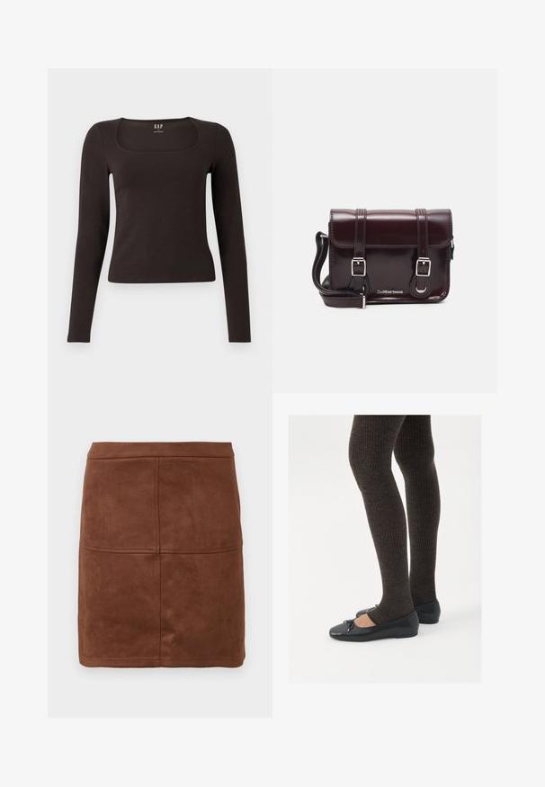 Top preto de mangas longas, ajustado, com decote quadrado, da marca GAP, exibido sobre um fundo branco.; Saias mini de camurça castanha com uma textura suave, apresentando um design ajustado e costuras discretas para um detalhe adicional.; Sapatos planos pretos com um pequeno laço na ponta, emparelhados com meias-calças caneladas castanhas escuras. Os sapatos têm uma textura suave e um design discretamente baixo.; Bolsa transversal em couro verniz bordô com formato retangular, duas alças, ferragens prateadas e fecho de aba.