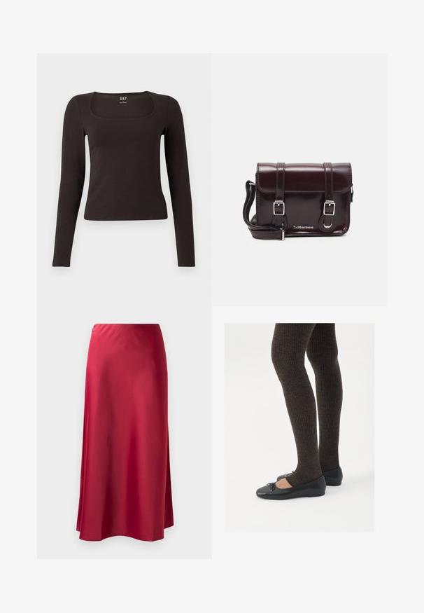 Črn dolg rokav, prilegajoča majica s kvadratnim izrezom, označena z GAP, prikazana na belem ozadju.; Rdeča satenska dolga krila z gladko teksturo, rahlo razširjenega kroja in stranskim razporkom za enostavno gibanje. Brez vidnih dodatkov ali okraskov.; Črne ravne čevlje z majhnim lokom na prstih, v kombinaciji s temno rjavimi rebrastimi nogavicami. Čevlji imajo gladko teksturo in nizko obliko.; Burgundska patentna usnjena torbica čez ramo z pravokotno obliko, dvema trakovoma, srebrno kovinsko opremo in zapiranjem na preklop.