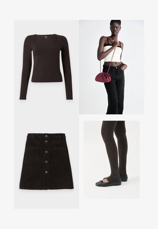 Musta pitkähihainen, slim fit -paita, jossa on neliömäinen kaula-aukko, merkitty GAP, esillä valkoisella taustalla.; Ruskea ribbelikangas A-linjainen hame, jossa on nappikiinnitys edessä, kaksi etutaskua ja teksturoitu pystyraita. Vakioselkäosa, jossa on vyölenkit.; Mustat matalat kengät, joissa on pieni nauha varpaissa, yhdistettynä tummanruskeisiin ribattuisiin sukkahousuihin. Kengissä on sileä pinta ja matala profiili.; Burgundi pehmeast kangast käekott, millel on kortsuline disain ja pikk rihm, kantud üle rinna. Modell kannab valget lühikest toppi ja musti teksaseid.