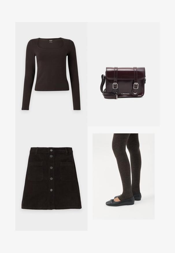 Must musta, sobiv ülikond, neljakandiline kaelus, sildiga GAP, valge tausta peal.; Pruunist corduroy'ist A-line seelik, millel on nööbid ees, kaks eesmist taskut ja tekstuurilised vertikaalsed triibud. Tavaline vöökoht koos vöölõngadega.; Mustad mustad kingad väikese teksaga varvaste juures, koos tumedate pruunide ribakangastega. Kingadel on sile tekstuur ja madal profiil.; Burgundi värvi patendiga nahast risti koti, millel on ristkülikuline kuju, kaks rihma, hõbedased detailid ja klapi sulgur.