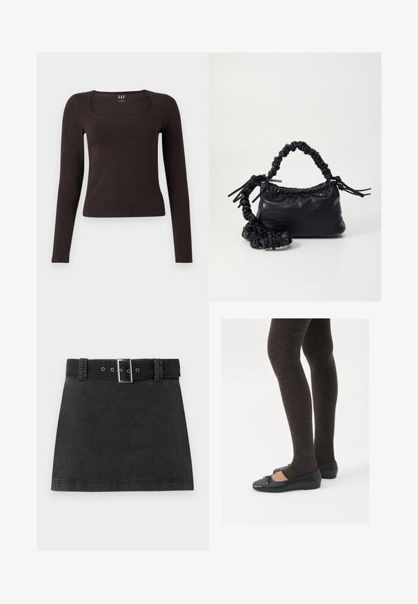 Melnas garās piedurknes, pieguļošs tops ar kvadrātveida apkakli, ar uzrakstu GAP, novietots uz baltā fona.; Melna denima mini svārki ar atbilstošu jostu, kas aprīkota ar metālu sprādzi un jostas cilpiņām, izlikti uz baltas fona.; Melnas plakano formas kurpes ar mazu loku uz pirksta, apvienotas ar tumši brūnām ribotām zeķubiksēm. Kurpēm ir gluda tekstūra un zems profils.; Melnā mākslīgās ādas rokassoma ar krokodila rakstu, savilkta augšdaļa un saburzīta siksna. Izskatās mīksta un kompakta pēc dizaina.