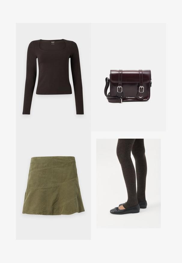 Schwarzes, langärmliges, figurbetontes Oberteil mit quadratischem Ausschnitt, gekennzeichnet mit GAP, vor einem weißen Hintergrund präsentiert.; Olivgrüner Cordrock in ausgestellt Form, mit diagonalen Nähten und subtiler Textur. Mittellanges Design ohne sichtbare Verschlüsse.; Schwarze flache Schuhe mit einem kleinen Schleifendetail an der Zehe, kombiniert mit dunkelbraunen gerippten Strumpfhosen. Die Schuhe haben eine glatte Textur und ein niedriges Profil.; Burgunderfarbene Patelleder-Crossbody-Tasche mit rechteckiger Form, zwei Riemen, silberfarbener Hardware und einem Klappenverschluss.