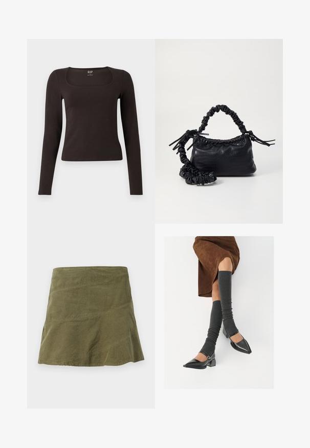 Svart långärmad, åtsittande topp med fyrkantig halsringning, märkt GAP, uppvisad på en vit bakgrund.; Olivgrön kordskinnkjol med en utsvängd form, med diagonala sömmar och subtil textur. Halvlång design utan synliga stängningar.; Svarta lackläderskor med spetsig tå, blockklack och ankelrem, i kombination med grå ribbade benvärmare och en brun mockakjol.; Svart faux läderhandväska med krokodiltextur, snodd topp och en skrämd rem. Ser mjuk och kompakt ut i designen.