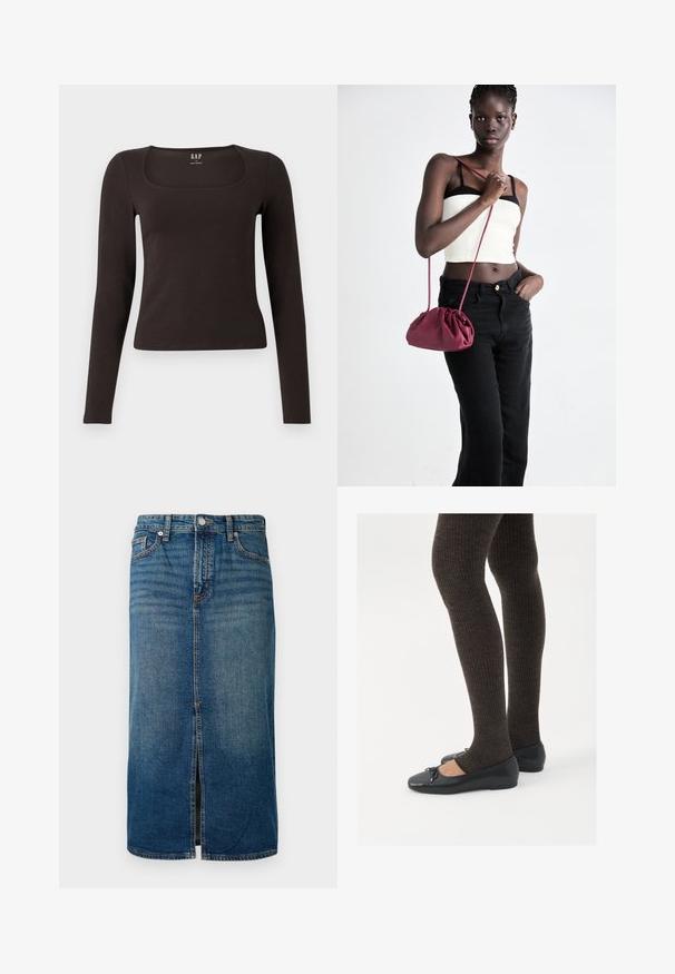 Top negru cu mânecă lungă, aderent, cu decolteu pătrat, etichetat GAP, expus pe un fundal alb.; Fustă midi din denim albastru închis, cu o deschidere frontală, cinci buzunare și cusături în contrast. Are o închidere cu nasture și fermoar la talie.; Pantofi negri cu un detaliu mic de fundiță la vârf, asortați cu colanți maro închis, cu textură ondulată. Pantofii au o textură netedă și un profil joase.; Geantă dintr-un material moale de culoare burgundă, cu un design plisat și o curea lungă, purtată pe umăr. Modelul poartă un top alb scurt și blugi negri.