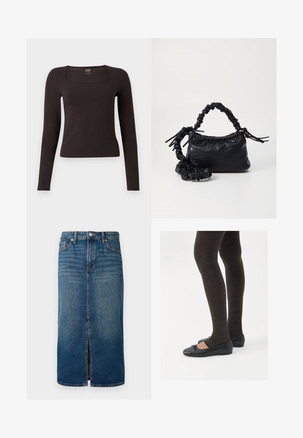 Haut noir à manches longues, ajusté, avec un décolleté carré, étiqueté GAP, affiché sur un fond blanc.; Jupe midi en denim bleu foncé avec une fente à l'avant, cinq poches et des coutures contrastées. Elle dispose d'une fermeture par bouton et zip à la taille.; Chaussures plates noires avec un petit nœud au niveau des orteils, associées à des collants côtelés marron foncé. Les chaussures ont une texture lisse et un profil bas.; Sac à main en simili cuir noir avec une texture crocodile, un dessus resserré et une sangle froncée. A l'apparence douce et compacte.