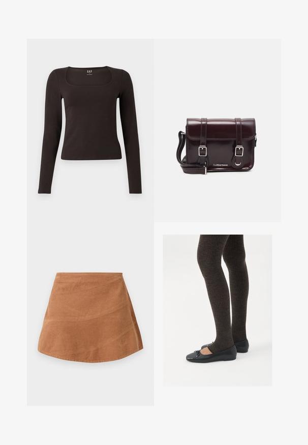 Zwarte lange mouwen, getailleerde top met een vierkante halslijn, gelabeled GAP, weergegeven op een witte achtergrond.; Bruine corduroy mini rok met een uitlopende ontwerp, voorzien van een gladde textuur en subtiele verticale lijnen van het ribbelpatroon van de stof.; Zwarte platte schoenen met een kleine strikdetail op de neus, gecombineerd met donkerbruine geribbelde panty’s. De schoenen hebben een gladde textuur en een lage profiel.; Bordeaux patent leren crossbody tas met een rechthoekige vorm, twee banden, zilveren hardware en een klep sluiting.