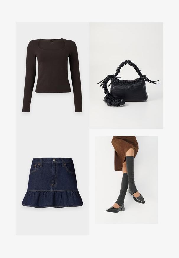 Haut noir à manches longues, ajusté, avec un décolleté carré, étiqueté GAP, affiché sur un fond blanc.; Jupe en denim foncé avec ourlet volanté, design à cinq poches, passants de ceinture et fermeture à boutons à l'avant. Texture lisse et coupe droite.; Chaussures à bout pointu en cuir verni noir avec un talon bloc et une bride à la cheville, accompagnées de jambières en maille grise et d'une jupe en daim marron.; Sac à main en simili cuir noir avec une texture crocodile, un dessus resserré et une sangle froncée. A l'apparence douce et compacte.