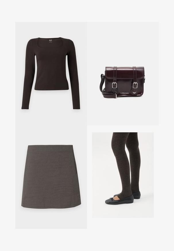 Svart langermet, tett topp med firkantet hals, merket GAP, vist på en hvit bakgrunn.; Mini skjørt med rett snitt i små svarte og grå houndstooth mønster, uten synlige pynt eller lommer.; Sorte flate sko med en liten sløyfedetalj på tåen, kombinert med mørkebrune ribbede strømpebukser. Skoene har en glatt overflate og lav profil.; Burgunderfarget patentlær crossover-veske med rektangulær form, to stropper, sølvfarget hardware og klaffelukking.