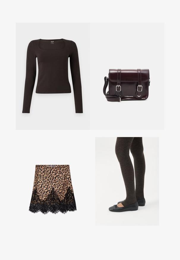 Schwarzes, langärmliges, figurbetontes Oberteil mit quadratischem Ausschnitt, gekennzeichnet mit GAP, vor einem weißen Hintergrund präsentiert.; Leopardenmusterrock aus glattem Stoff, mit einem schwarzen Spitzenrand in gewellter Form, der einen strukturierten Kontrast schafft.; Schwarze flache Schuhe mit einem kleinen Schleifendetail an der Zehe, kombiniert mit dunkelbraunen gerippten Strumpfhosen. Die Schuhe haben eine glatte Textur und ein niedriges Profil.; Burgunderfarbene Patelleder-Crossbody-Tasche mit rechteckiger Form, zwei Riemen, silberfarbener Hardware und einem Klappenverschluss.