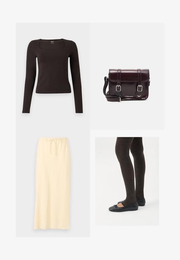 Svart långärmad, åtsittande topp med fyrkantig halsringning, märkt GAP, uppvisad på en vit bakgrund.; Ljusgul, lång kjol med ett andningsbart tyg och ett elastiskt midjeband som har snörning för justerbar passform. Slät textur, inga mönster.; Svarta platta skor med en liten rosett vid tån, i kombination med mörkbruna ribbade strumpbyxor. Skorna har en slät yta och låg profil.; Burgundy lackläder crossbody-väska med rektangulär form, två remmar, silverfärgad hårdvara och klaffstängning.