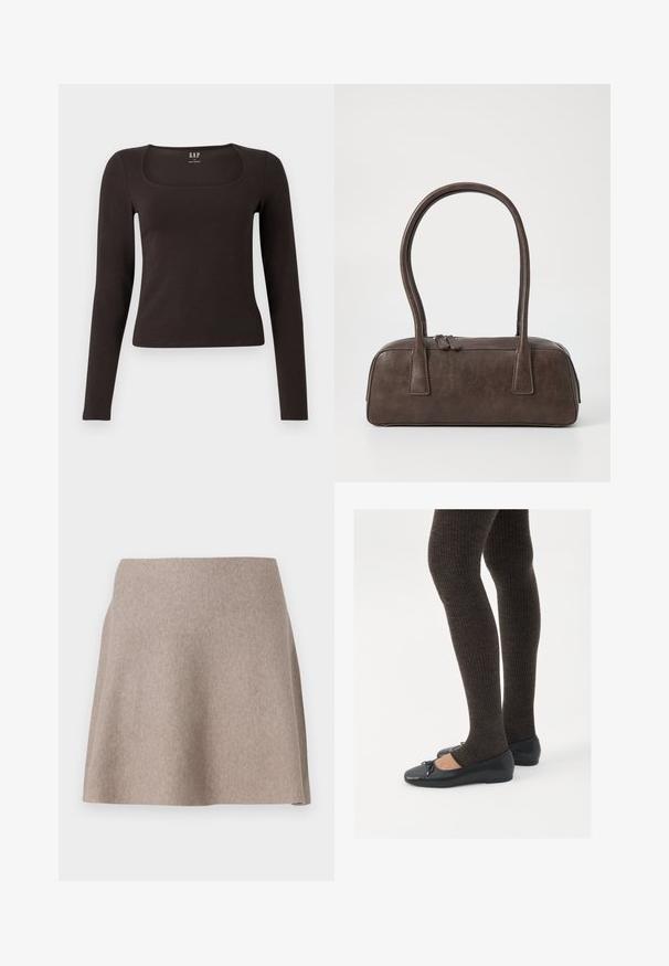 Svart langermet, tett topp med firkantet hals, merket GAP, vist på en hvit bakgrunn.; En beige, utsvingt skjørt laget av mykt stoff med en glatt tekstur og rene kanter. Enkel design uten synlige mønstre eller utsmykninger.; Sorte flate sko med en liten sløyfedetalj på tåen, kombinert med mørkebrune ribbede strømpebukser. Skoene har en glatt overflate og lav profil.; Brun lærveske med to robuste håndtak, rektangulær form, jevn tekstur og glidelås. Minimalistisk design uten synlige mønstre.