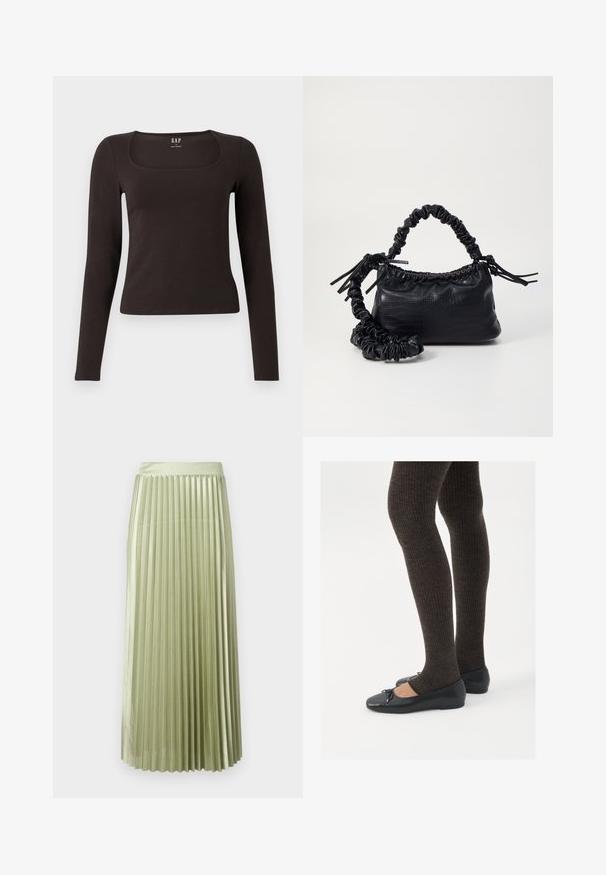 Fekete, hosszú ujjú, elasztikus felső négyzet alakú dekoltázzsal, GAP felirattal, fehér háttér előtt bemutatva.; Harmonikus zöld selyem midi szoknya sima textúrával. Illeszkedő derékpánt, amely a vádli közepéig ér, egyenletes függőleges redőzéssel az egész anyagon.; Fekete lapos cipők kis masni díszítéssel az orrán, sötétbarna bordázott harisnyával párosítva. A cipők sima textúrával és alacsony profilúak.; Fekete műbőr kézi táska krokodil bőr textúrával, összehúzható tetejű és gyűrt pánttal. Lágy és kompakt dizájnúnak tűnik.