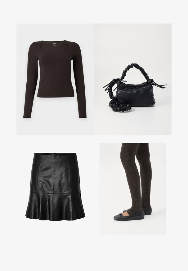 Black long-sleeve, fitted top with a square neckline, labeled GAP, displayed on a white background.; Black leather mini skirt with flared hem and visible stitching details, featuring a back zipper closure.; Black flat shoes with a small bow detail at the toe, paired with dark brown ribbed tights. Shoes have a smooth texture and low profile.; Black faux leather handbag with a crocodile texture, cinched top, and a scrunched strap. Appears soft and compact in design.