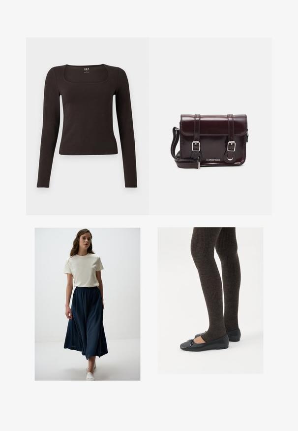 Schwarzes, langärmliges, figurbetontes Oberteil mit quadratischem Ausschnitt, gekennzeichnet mit GAP, vor einem weißen Hintergrund präsentiert.; Weißes T-Shirt mit kurzen Ärmeln, kombiniert mit einem langen marineblauen Rock, der über einen elastischen Bund, eine glatte Textur und einen dezenten Drapierungseffekt verfügt.; Schwarze flache Schuhe mit einem kleinen Schleifendetail an der Zehe, kombiniert mit dunkelbraunen gerippten Strumpfhosen. Die Schuhe haben eine glatte Textur und ein niedriges Profil.; Burgunderfarbene Patelleder-Crossbody-Tasche mit rechteckiger Form, zwei Riemen, silberfarbener Hardware und einem Klappenverschluss.