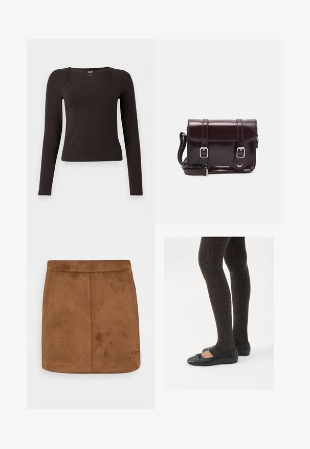 Črn dolg rokav, prilegajoča majica s kvadratnim izrezom, označena z GAP, prikazana na belem ozadju.; Rjava zamšasta mini krilo z gladko teksturo, ravnim krojem in brezšivnim pasom, ki se ponaša z minimalističnim dizajnom brez vzorcev ali okrasnih detajlov.; Črne ravne čevlje z majhnim lokom na prstih, v kombinaciji s temno rjavimi rebrastimi nogavicami. Čevlji imajo gladko teksturo in nizko obliko.; Burgundska patentna usnjena torbica čez ramo z pravokotno obliko, dvema trakovoma, srebrno kovinsko opremo in zapiranjem na preklop.