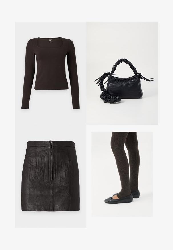 Fekete, hosszú ujjú, elasztikus felső négyzet alakú dekoltázzsal, GAP felirattal, fehér háttér előtt bemutatva.; Fekete bőrnadrág mini szoknya elülső cipzárral és finom függőleges varrásokkal egy sima háttér előtt.; Fekete lapos cipők kis masni díszítéssel az orrán, sötétbarna bordázott harisnyával párosítva. A cipők sima textúrával és alacsony profilúak.; Fekete műbőr kézi táska krokodil bőr textúrával, összehúzható tetejű és gyűrt pánttal. Lágy és kompakt dizájnúnak tűnik.