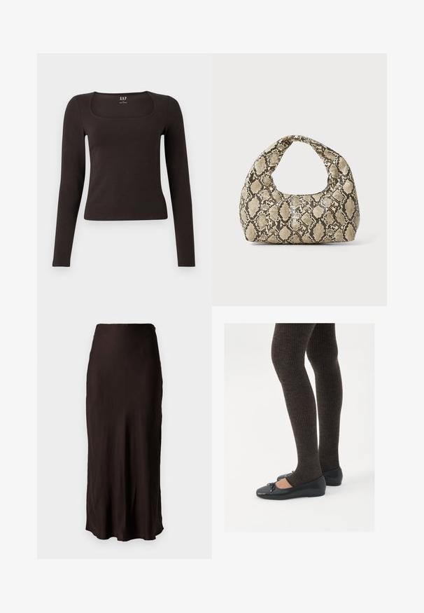 Crna majica dugih rukava, uskog kroja s kvadratnim izrezom, označena s GAP, prikazana na bijeloj pozadini.; Crna, suknja srednje dužine izrađena od glatkog, laganog materijala sa ravnim oblikom i bočnim prorezom. Ima jednostavnu elastiku u struku.; Crne ravne cipele s malim mašnom na vrhu prstiju, uparene s tamnosmešnim rebrovanim čarapama. Cipele imaju glatku teksturu i nizak profil.; Torba s uzorkom zmije s zakrivljenom drškom. Izrađena od teksturiranih materijala u bež i smešnim tonovima, sa karakterističnim dijamantnim uzorkom.