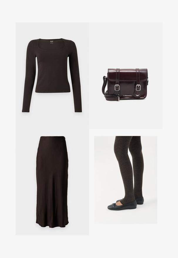 Svart långärmad, åtsittande topp med fyrkantig halsringning, märkt GAP, uppvisad på en vit bakgrund.; Svart, midilång kjol i ett mjukt, lätt material med rak form och slits på sidan. Har en enkel midja.; Svarta platta skor med en liten rosett vid tån, i kombination med mörkbruna ribbade strumpbyxor. Skorna har en slät yta och låg profil.; Burgundy lackläder crossbody-väska med rektangulär form, två remmar, silverfärgad hårdvara och klaffstängning.