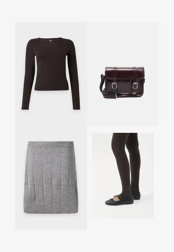 Top negro de manga larga, ajustado, con escote cuadrado, etiquetado como GAP, presentado sobre un fondo blanco.; Object OBJTHESS - Minifalda - medium grey; Zapatos planos negros con un pequeño lazo en la punta, combinados con medias de punto en marrón oscuro. Los zapatos tienen una textura suave y un perfil bajo.; Bolso bandolera de charol burdeos con forma rectangular, dos correas, herrajes plateados y cierre de solapa.