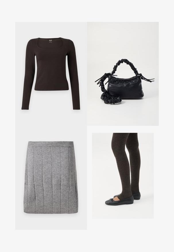 Schwarzes, langärmliges, figurbetontes Oberteil mit quadratischem Ausschnitt, gekennzeichnet mit GAP, vor einem weißen Hintergrund präsentiert.; Object OBJTHESS - Minirock - medium grey; Schwarze flache Schuhe mit einem kleinen Schleifendetail an der Zehe, kombiniert mit dunkelbraunen gerippten Strumpfhosen. Die Schuhe haben eine glatte Textur und ein niedriges Profil.; Schwarze Handtasche aus Kunstleder mit Krokodilstruktur, gerafftem oberen Teil und einem geschoppten Tragegurt. Sie wirkt weich und kompakt im Design.