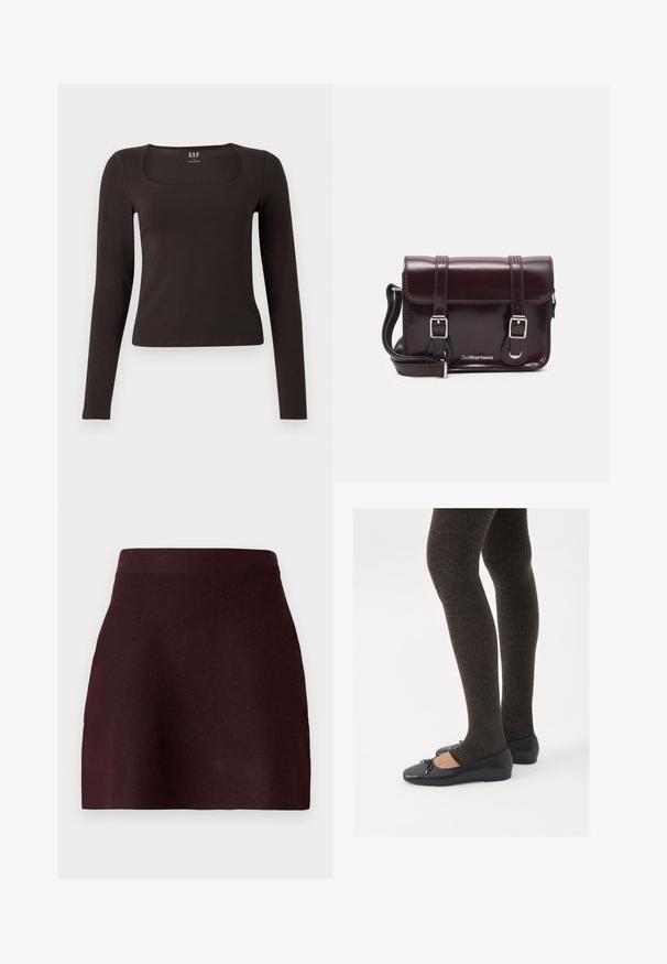 Fekete, hosszú ujjú, elasztikus felső négyzet alakú dekoltázzsal, GAP felirattal, fehér háttér előtt bemutatva.; Burgundi mini szoknya, illeszkedő derékkal, sima textúrával és bővülő sziluettel. Egyszerű dizájn minták vagy fémalkatrészek nélkül.; Fekete lapos cipők kis masni díszítéssel az orrán, sötétbarna bordázott harisnyával párosítva. A cipők sima textúrával és alacsony profilúak.; Burgundy lakkbőr keresztpántos táska téglalap alakú, két pánttal, ezüst színű szerelvényekkel és fedélzárral.