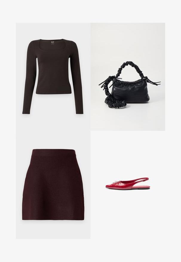 Černý dlouhý rukáv, přiléhavý top se čtvercovým výstřihem, označený značkou GAP, vystavený na bílém pozadí.; Vínová mini sukně s přiléhavým pasem, hladkou texturou a rozšířeným střihem. Jednoduchý design bez vzorů nebo kovových detailů.; Červená kožená sanda s plochým podpatkem a špičatou špičkou, s dekorativním šněrováním na přední straně, s úzkým řemínkem kolem kotníku a plochou podrážkou.; Černá kabelka z umělé kůže s krokodýlím vzorem, staženým vrškem a zmačkaným popruhem. Zdá se, že má měkký a kompaktní design.