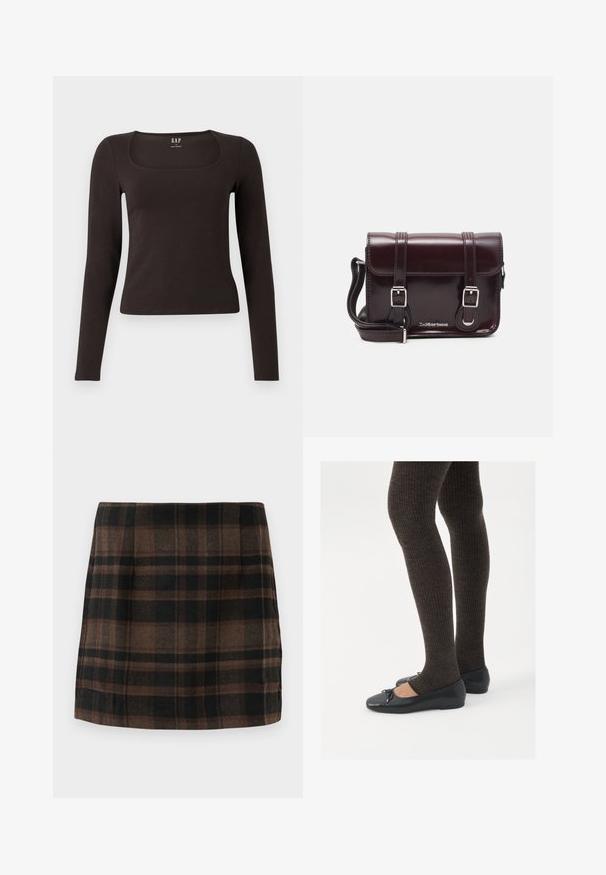 Top negro de manga larga, ajustado, con escote cuadrado, etiquetado como GAP, presentado sobre un fondo blanco.; Falda corta de cuadros en tonos marrón, negro y beige, hecha de un tejido texturizado, con un diseño ajustado y costuras laterales para dar estructura.; Zapatos planos negros con un pequeño lazo en la punta, combinados con medias de punto en marrón oscuro. Los zapatos tienen una textura suave y un perfil bajo.; Bolso bandolera de charol burdeos con forma rectangular, dos correas, herrajes plateados y cierre de solapa.