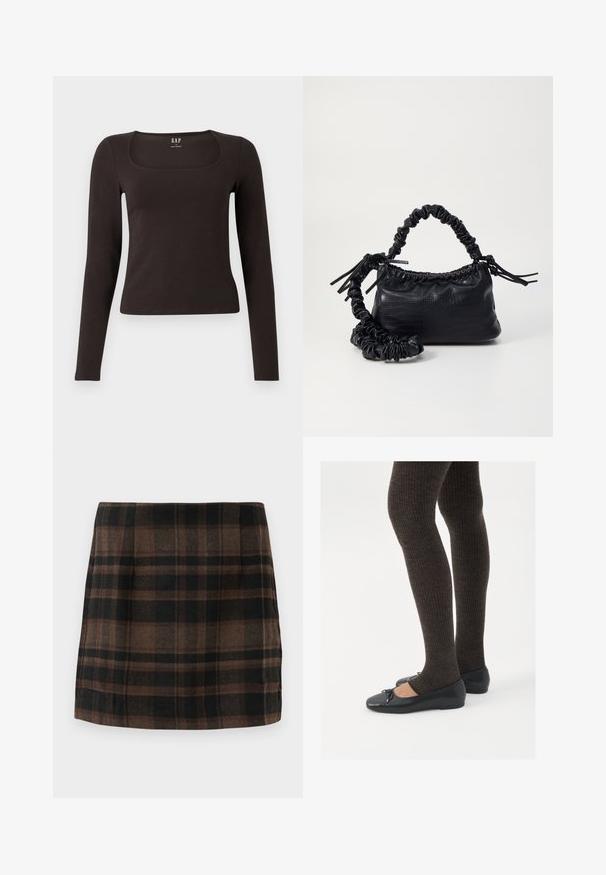 Svart langermet, tett topp med firkantet hals, merket GAP, vist på en hvit bakgrunn.; Rutet miniskjørt i brune, sorte og brune toner, laget av teksturert stoff, med en tettsittende design og sidesømmer for struktur.; Sorte flate sko med en liten sløyfedetalj på tåen, kombinert med mørkebrune ribbede strømpebukser. Skoene har en glatt overflate og lav profil.; Svart faux skinn-håndveske med krokodilletekstur, strammet topp og en rynket stropp. Ser myk og kompakt ut i designen.