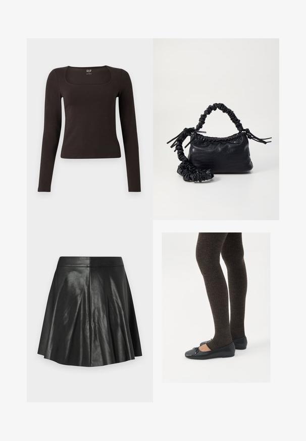 Zwarte lange mouwen, getailleerde top met een vierkante halslijn, gelabeled GAP, weergegeven op een witte achtergrond.; Zwarte flared neplederen rok met paneelstiksels en een aansluitende tailleband op een effen lichte achtergrond.; Zwarte platte schoenen met een kleine strikdetail op de neus, gecombineerd met donkerbruine geribbelde panty’s. De schoenen hebben een gladde textuur en een lage profiel.; Zwarte nepleer handtas met een krokodillenstructuur, opgedroogde bovenkant en een gekreukte hengsel. Het lijkt zacht en compact van ontwerp.
