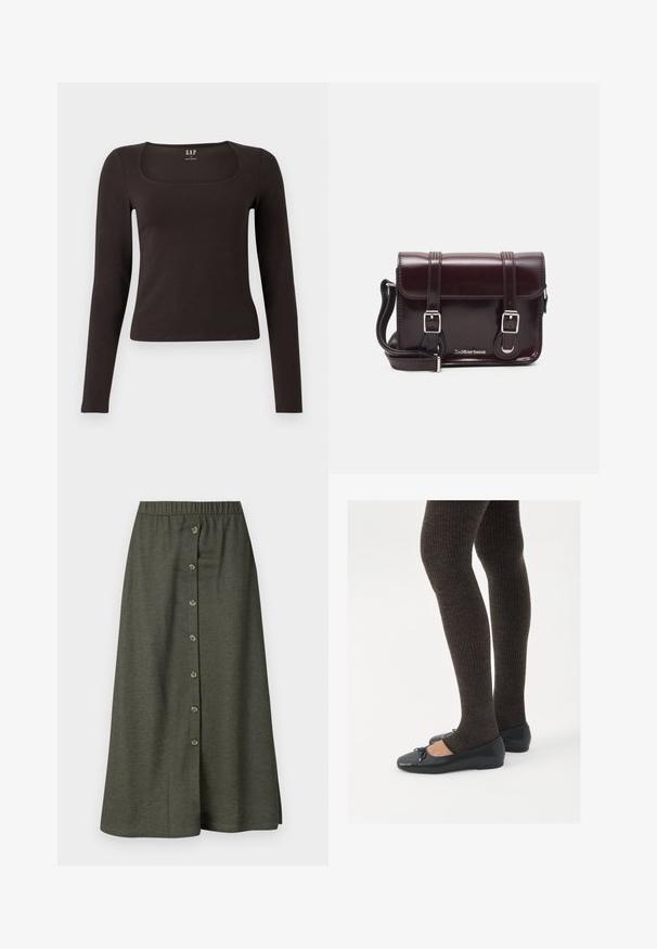 Haut noir à manches longues, ajusté, avec un décolleté carré, étiqueté GAP, affiché sur un fond blanc.; Jupe midi kaki avec une fermeture à boutons à l'avant comportant huit boutons, taille élastique et tissu lisse et léger.; Chaussures plates noires avec un petit nœud au niveau des orteils, associées à des collants côtelés marron foncé. Les chaussures ont une texture lisse et un profil bas.; Sac à bandoulière en cuir verni bordeaux, de forme rectangulaire, avec deux bandoulières, des accessoires en argent et une fermeture à rabat.