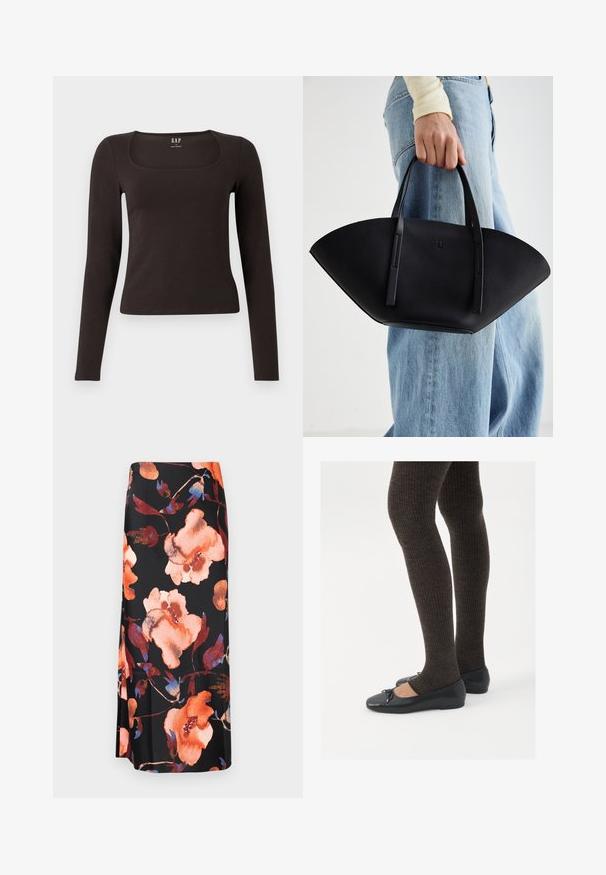 Top preto de mangas longas, ajustado, com decote quadrado, da marca GAP, exibido sobre um fundo branco.; Saia midi floral com fundo preto e grandes flores em aquarela laranja e azul; tecido suave com um ligeiro brilho.; Sapatos planos pretos com um pequeno laço na ponta, emparelhados com meias-calças caneladas castanhas escuras. Os sapatos têm uma textura suave e um design discretamente baixo.; Bolsa de mão em couro preto com uma forma única em leque, apresentando alças planas. A superfície tem uma textura pebble e um design minimalista.