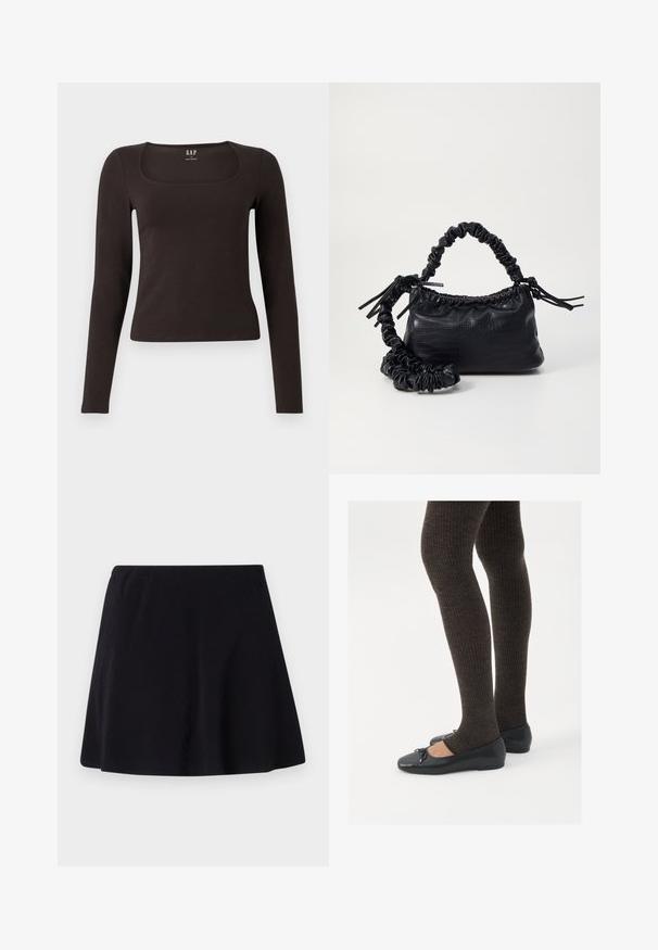 Fekete, hosszú ujjú, elasztikus felső négyzet alakú dekoltázzsal, GAP felirattal, fehér háttér előtt bemutatva.; Fekete szoknya, térd felett végződik, könnyű anyagból készült, finom textúrával rendelkezik, bővülő fazonú és elasztikus derékpánttal ellátott.; Fekete lapos cipők kis masni díszítéssel az orrán, sötétbarna bordázott harisnyával párosítva. A cipők sima textúrával és alacsony profilúak.; Fekete műbőr kézi táska krokodil bőr textúrával, összehúzható tetejű és gyűrt pánttal. Lágy és kompakt dizájnúnak tűnik.