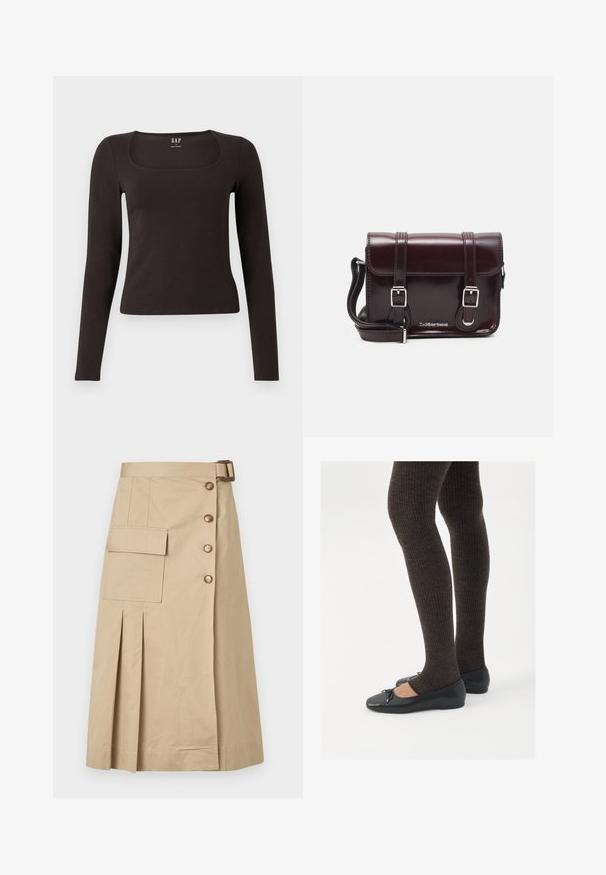 Top negru cu mânecă lungă, aderent, cu decolteu pătrat, etichetat GAP, expus pe un fundal alb.; Fustă bej până la genunchi, realizată dintr-un amestec de bumbac. Prezintă nasturi frontali, o buzunar lateral și pliuri pentru structură. Textură netedă.; Pantofi negri cu un detaliu mic de fundiță la vârf, asortați cu colanți maro închis, cu textură ondulată. Pantofii au o textură netedă și un profil joase.; Geantă crossbody din piele lac burgundă, cu formă rectangulară, două curele, accesorii din argint și închidere cu clapetă.