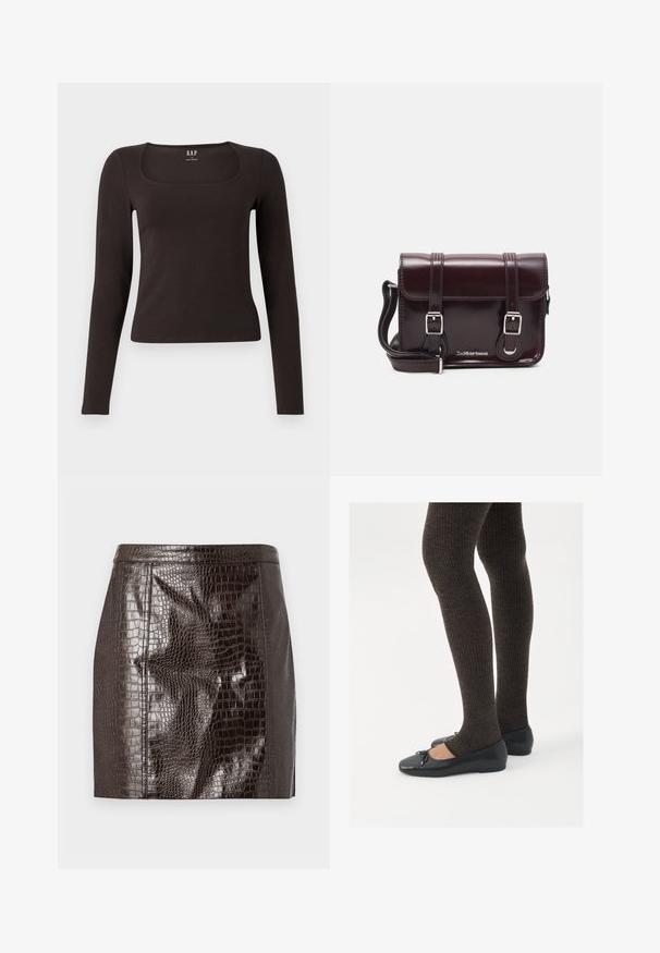Schwarzes, langärmliges, figurbetontes Oberteil mit quadratischem Ausschnitt, gekennzeichnet mit GAP, vor einem weißen Hintergrund präsentiert.; Dunkelbrauer Kunstleder-Minirock im Krokodilleder-Look mit Paneleffekten und geradem Saum.; Schwarze flache Schuhe mit einem kleinen Schleifendetail an der Zehe, kombiniert mit dunkelbraunen gerippten Strumpfhosen. Die Schuhe haben eine glatte Textur und ein niedriges Profil.; Burgunderfarbene Patelleder-Crossbody-Tasche mit rechteckiger Form, zwei Riemen, silberfarbener Hardware und einem Klappenverschluss.