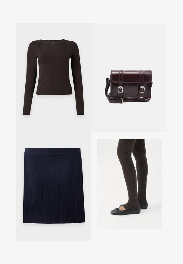 Fekete, hosszú ujjú, elasztikus felső négyzet alakú dekoltázzsal, GAP felirattal, fehér háttér előtt bemutatva.; Object OBJTHESS - Miniszoknya - sky captain; Fekete lapos cipők kis masni díszítéssel az orrán, sötétbarna bordázott harisnyával párosítva. A cipők sima textúrával és alacsony profilúak.; Burgundy lakkbőr keresztpántos táska téglalap alakú, két pánttal, ezüst színű szerelvényekkel és fedélzárral.