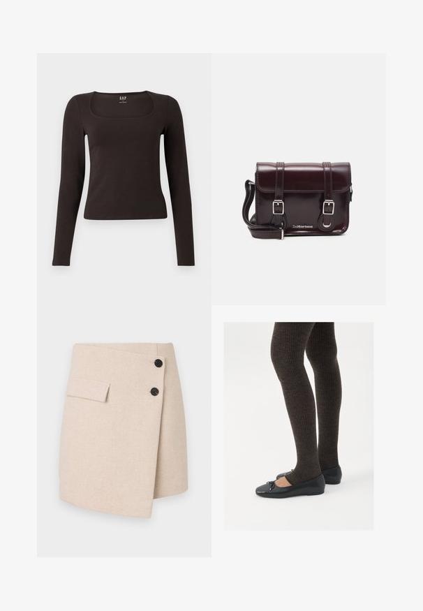 Juoda ilgomis rankovėmis, prigludusi bluzonėlė su kvadratine iškirpte, žymėta GAP, rodoma baltame fone.; Bežinė suvyniota sijonas iš tekstūruotos medžiagos, su šonine kišene, dviem juodais mygtukais ir šiek tiek išlinkusia apdaila.; Juodos plokščios bateliai su maža kaspinėlio detale prie pirštų, derinami su tamsiai rudos spalvos raukšlėtomis pėdkelnėmis. Bateliai turi lygų paviršių ir žemą profilį.; Bordo lakinės odos krepšys per petį, stačiakampio formos, su dviem diržais, sidabrinėmis detalėmis ir užtraukiama kiautu.