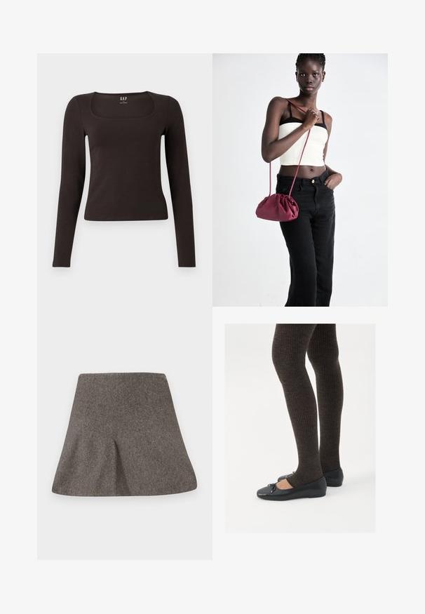 Musta pitkähihainen, slim fit -paita, jossa on neliömäinen kaula-aukko, merkitty GAP, esillä valkoisella taustalla.; Harmaa villainen A-linjainen hame, jossa on leveä vyötärökaistale ja lievää rakennetta, asetettuna tasaiseksi valkoiselle taustalle.; Mustat matalat kengät, joissa on pieni nauha varpaissa, yhdistettynä tummanruskeisiin ribattuisiin sukkahousuihin. Kengissä on sileä pinta ja matala profiili.; Burgundi pehmeast kangast käekott, millel on kortsuline disain ja pikk rihm, kantud üle rinna. Modell kannab valget lühikest toppi ja musti teksaseid.