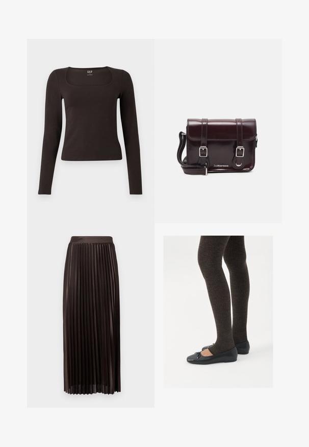 Svart langermet, tett topp med firkantet hals, merket GAP, vist på en hvit bakgrunn.; Plisseret midiskjørt i mørkebrun stoff, med en glatt midje, gulvlengde design og vertikale plisseringer for ekstra tekstur.; Sorte flate sko med en liten sløyfedetalj på tåen, kombinert med mørkebrune ribbede strømpebukser. Skoene har en glatt overflate og lav profil.; Burgunderfarget patentlær crossover-veske med rektangulær form, to stropper, sølvfarget hardware og klaffelukking.
