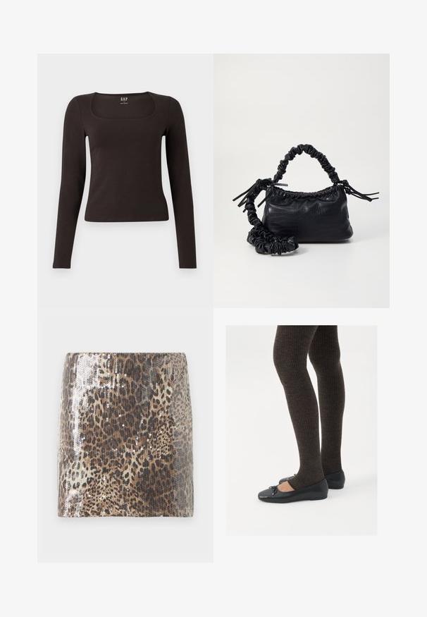 Μαύρο fitted μπλουζάκι με μακριά μανίκια και τετράγωνη λαιμόκοψη, με ετικέτα GAP, εμφανίζεται σε λευκό φόντο.; Μίνι φούστα με λεοπάρ μοτίβο από υφασμένο ύφασμα, διακοσμημένη με ασημένια κρόσσια που ενισχύουν το ζωικό σχέδιο, με εφαρμοστή σιλουέτα.; Μαύρες επίπεδες γυναικείες παπουτσάκια με μια μικρή λεπτομέρεια φιόγκο στην μύτη, συνδυασμένες με σκούρες καφέ ριγέ καλσόν. Τα παπούτσια έχουν λεία υφή και χαμηλό προφίλ.; Μαύρη τσάντα από faux δέρμα με υφή κροκοδείλου, κλειστή στο επάνω μέρος και με ρυτιδωμένο λουρί. Φαίνεται μαλακή και συμπαγής στο σχέδιο.