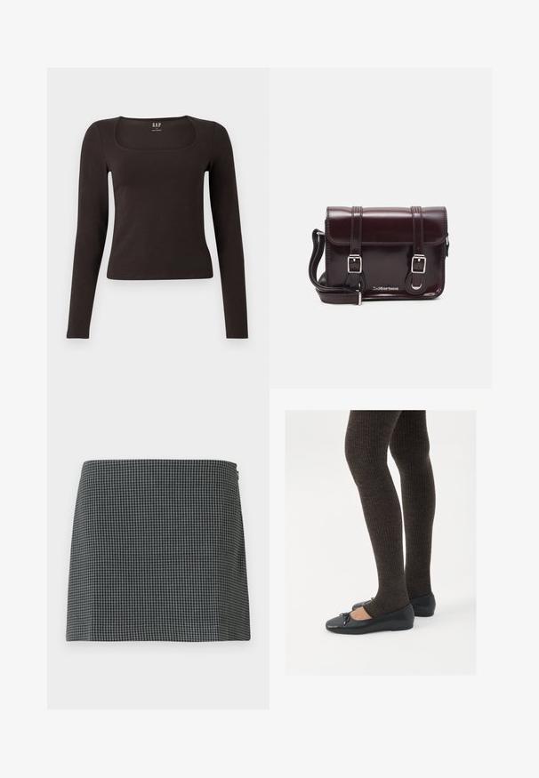 Sort langærmet, tætsiddende top med firkantet halsudskæring, mærket GAP, præsenteret mod en hvid baggrund.; Sort-hvid ternet nederdel lavet af stof med en glat tekstur. Har en lige silhuet og lynlåslukning i siden.; Sorte flade sko med en lille sløjfedetalje ved tåen, parret med mørkebrune ribbede strømpebukser. Skoene har en glat overflade og lav profil.; Burgunderfarvet patentlæder crossover taske med rektangulær form, to remme, sølv hardware og flaplukning.