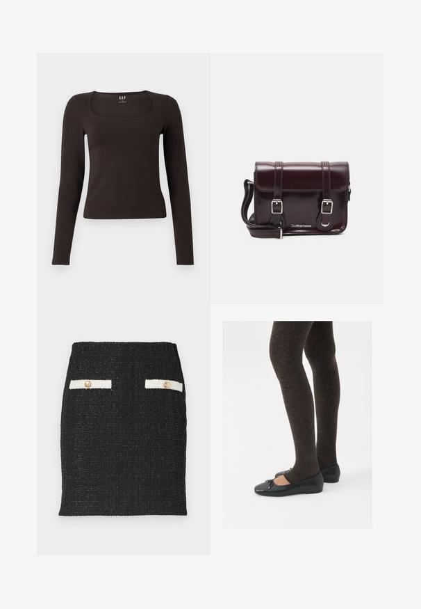 Fekete, hosszú ujjú, elasztikus felső négyzet alakú dekoltázzsal, GAP felirattal, fehér háttér előtt bemutatva.; Fekete tweed szoknya textúrált anyagból, testhez álló fazonnal. Két fehér zsebfedél aranyszínű gombokkal díszítve.; Fekete lapos cipők kis masni díszítéssel az orrán, sötétbarna bordázott harisnyával párosítva. A cipők sima textúrával és alacsony profilúak.; Burgundy lakkbőr keresztpántos táska téglalap alakú, két pánttal, ezüst színű szerelvényekkel és fedélzárral.