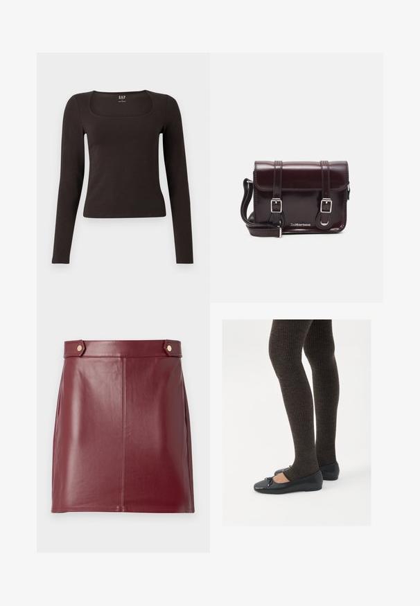 Haut noir à manches longues, ajusté, avec un décolleté carré, étiqueté GAP, affiché sur un fond blanc.; Jupe mini en cuir bordeaux avec une texture lisse, présentant un design ajusté, des panneaux latéraux et deux boutons dorés au niveau de la taille.; Chaussures plates noires avec un petit nœud au niveau des orteils, associées à des collants côtelés marron foncé. Les chaussures ont une texture lisse et un profil bas.; Sac à bandoulière en cuir verni bordeaux, de forme rectangulaire, avec deux bandoulières, des accessoires en argent et une fermeture à rabat.