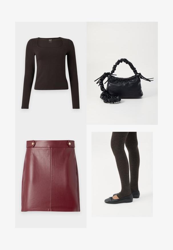 Črn dolg rokav, prilegajoča majica s kvadratnim izrezom, označena z GAP, prikazana na belem ozadju.; Burgundska usnjena mini krilo s gladko teksturo, ki ima prilegajoč dizajn, stranske panele in dva gumb z zlatim tonom na pasu.; Črne ravne čevlje z majhnim lokom na prstih, v kombinaciji s temno rjavimi rebrastimi nogavicami. Čevlji imajo gladko teksturo in nizko obliko.; Črna torbica iz umetnega usnja s krokodilovo teksturo, z zvitim vrhom in zmečkano naramico. Zdi se mehka in kompaktna v oblikovanju.
