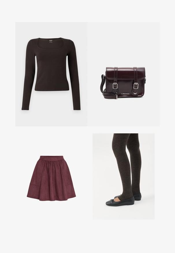 Fekete, hosszú ujjú, elasztikus felső négyzet alakú dekoltázzsal, GAP felirattal, fehér háttér előtt bemutatva.; Burgundi velúr szoknya, amely kiemelkedő formájú, rugalmas derékpánttal és két oldalsó zsebbel rendelkezik, puha tapintású és minimalista dizájnnal.; Fekete lapos cipők kis masni díszítéssel az orrán, sötétbarna bordázott harisnyával párosítva. A cipők sima textúrával és alacsony profilúak.; Burgundy lakkbőr keresztpántos táska téglalap alakú, két pánttal, ezüst színű szerelvényekkel és fedélzárral.